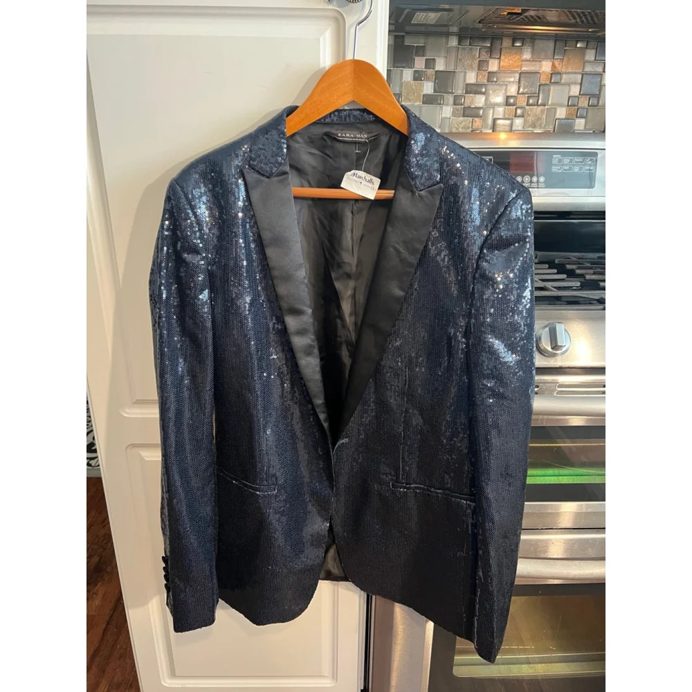 NWT ZARA MAN Navy Blue Sequined Tuxedo Suit Jacket